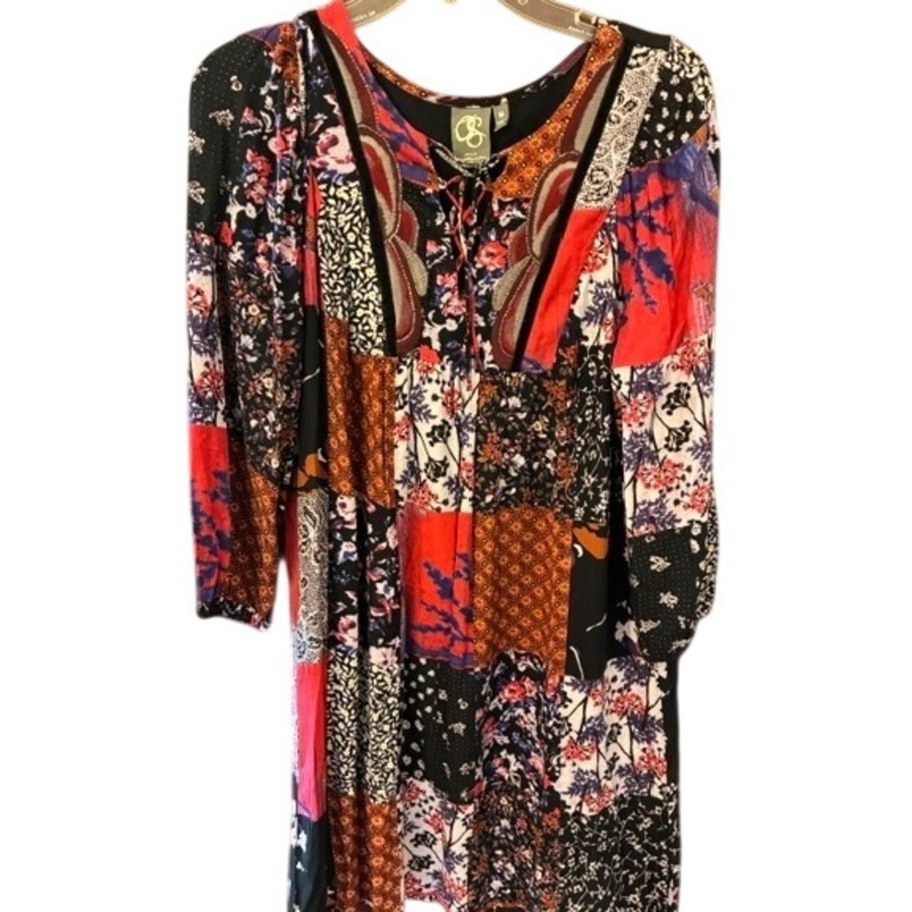 One September Dress Women M Multicolor Exc Patchwork Boho Lace Up Embroidered